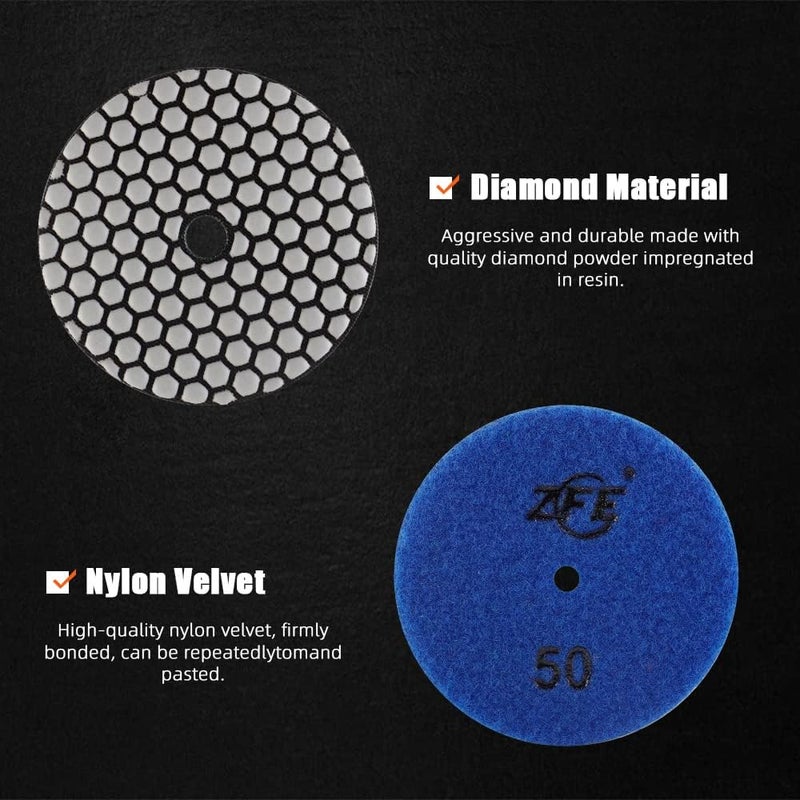 ZFE Diamond Polishing Pads, 9Pcs 4 Inch 100mm Dry Polishing Pads Set with 5/8”-11 Backing Plate for Granite Concrete Marble Quartz Stone Countertop Polishing - Image 3